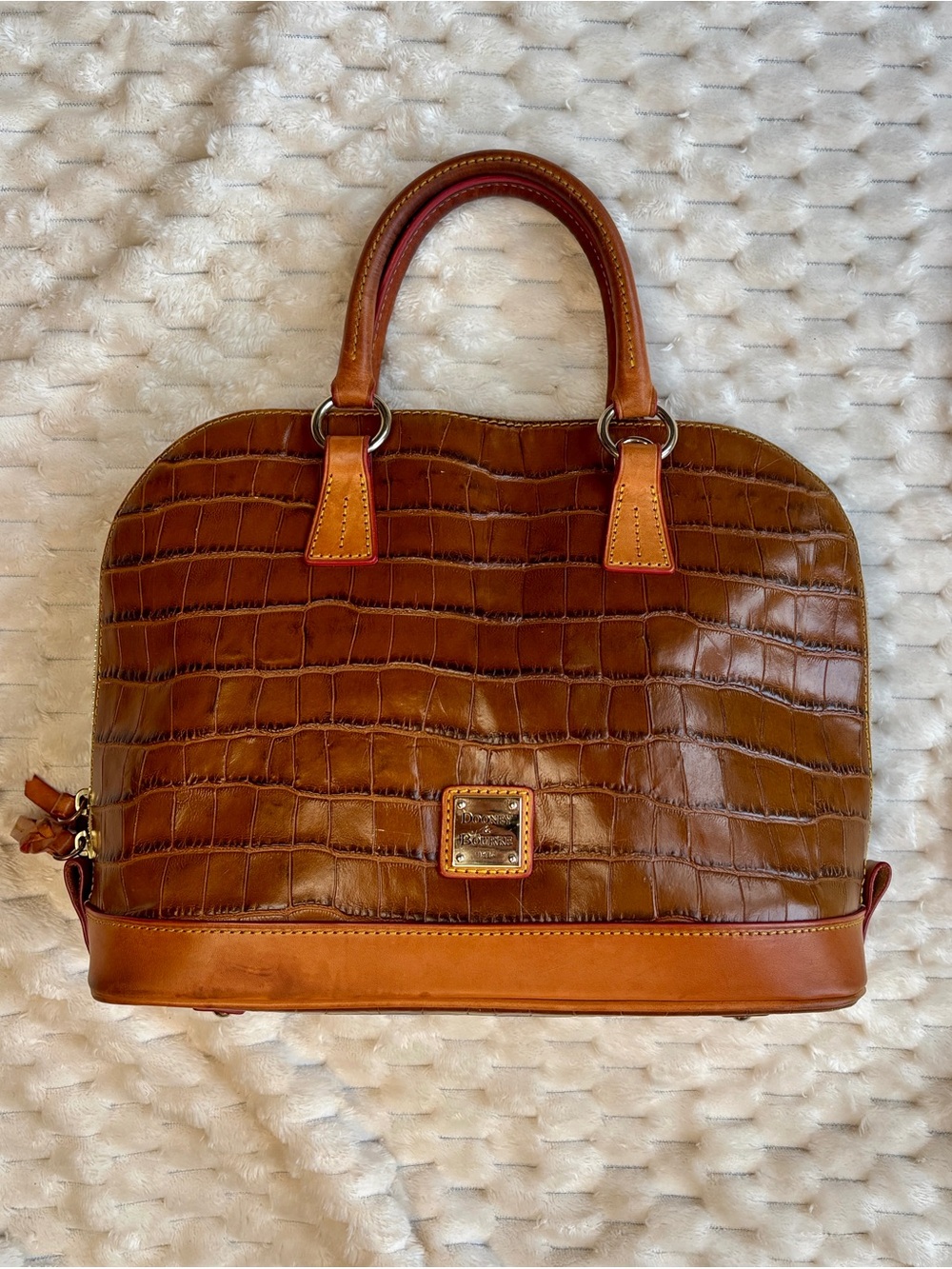 Dooney & Bourke Brown Croc Embossed Leather Dome Satchel Gold Hardware